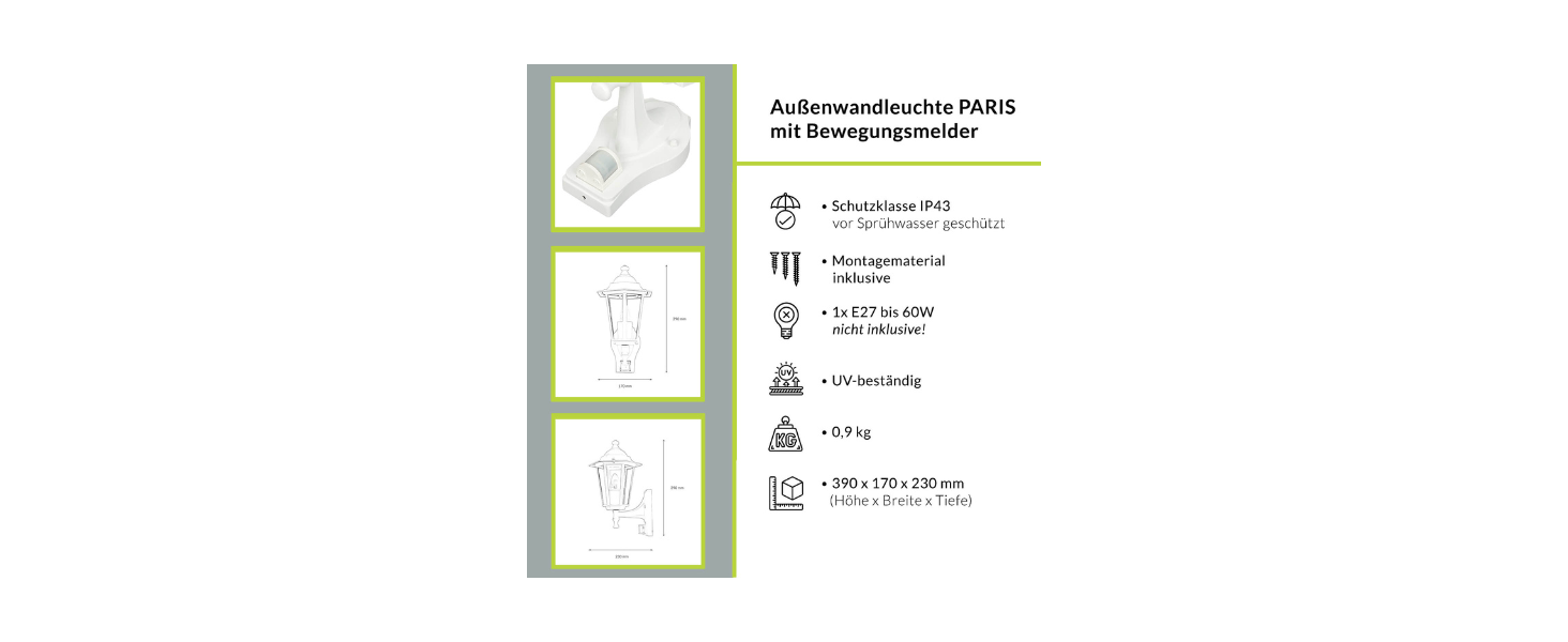 Зовнішнє настінне освітлення PARIS з датчиком руху, IP44, матеріал: алюміній, скло, висота: 23 см, цоколь E27, для саду та фасаду