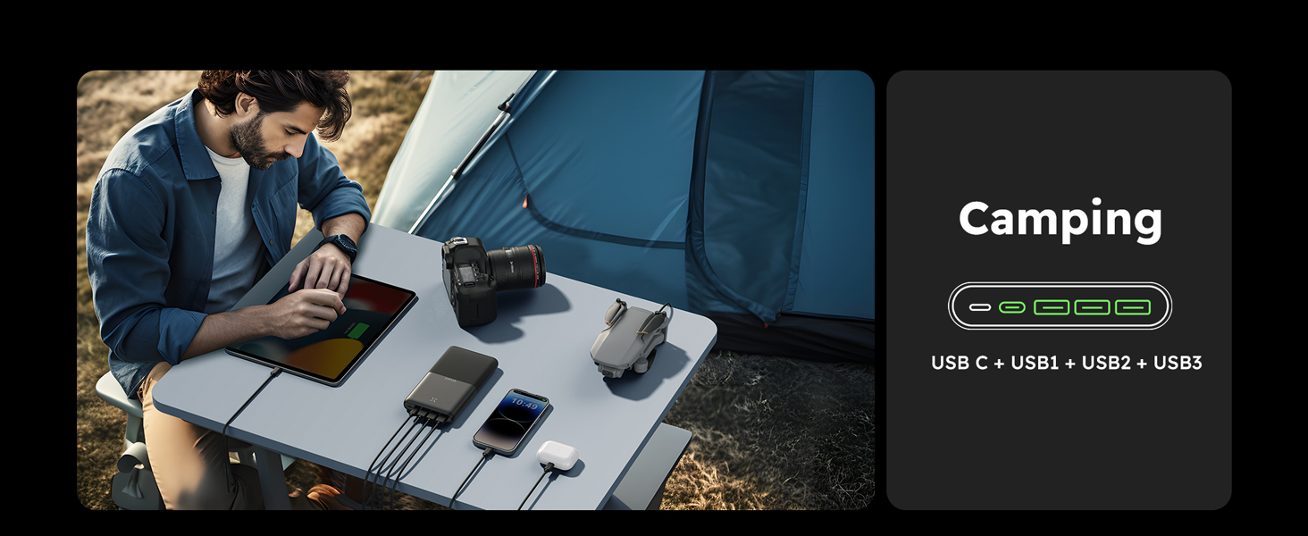 Power Bank VRURC 30000mAh 22.5W з 4 виходами та 3 входами: зарядний пристрій для iPhone, Huawei, планшетів (чорний)