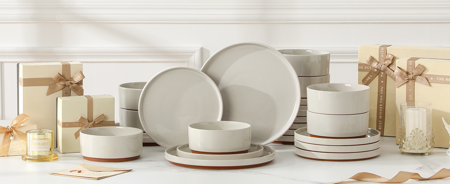 MALACASA Набір посуду з каменю 6 осіб, 18 предметів: тарілки, миски, керамічний сервіз з глазур'ю 