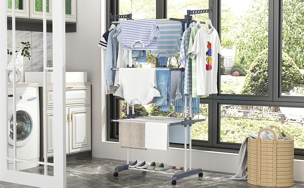 Сушарка для білизни Turm, турбо сушарка для білизни з 6 розкладних крил та 2 бічні крила, мобільна сушарка для білизни з колесами для дому та вулиці (сіра)