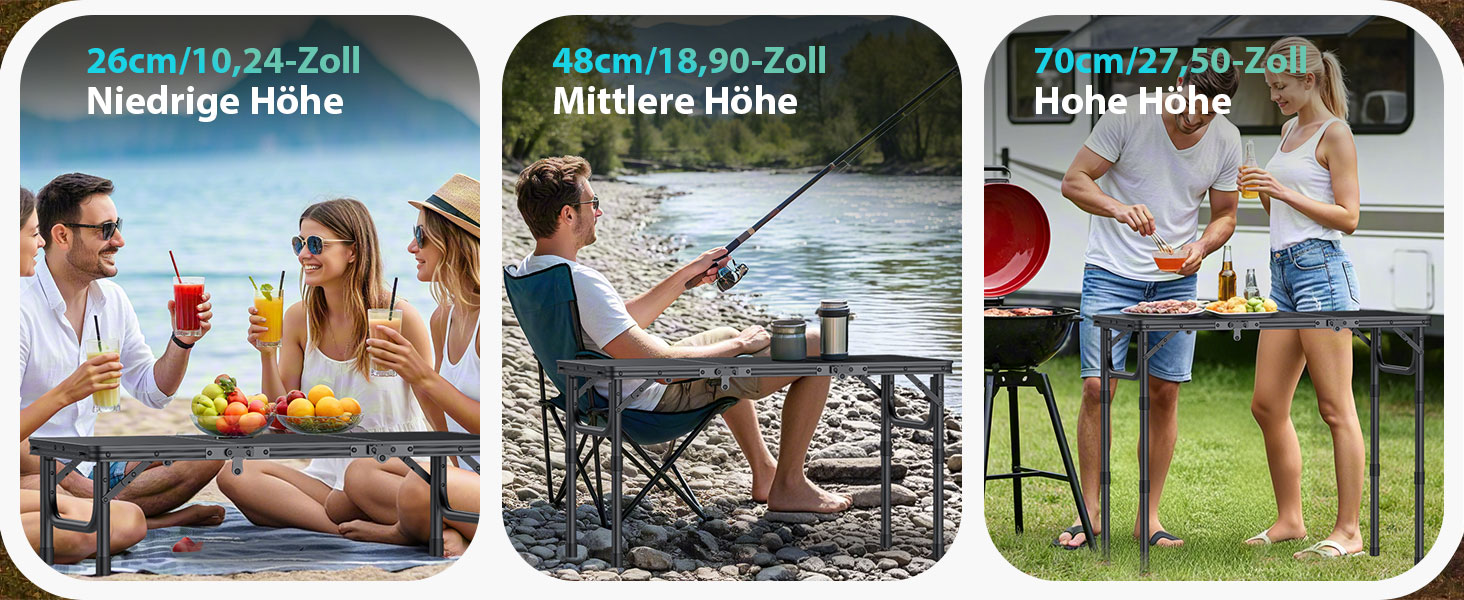 VINTEAM Складаний туристичний стіл 87x40 см, 3-х рівневий, регульована висота, алюміній, для кемпінгу, барбекю, пікніка, саду. MDF