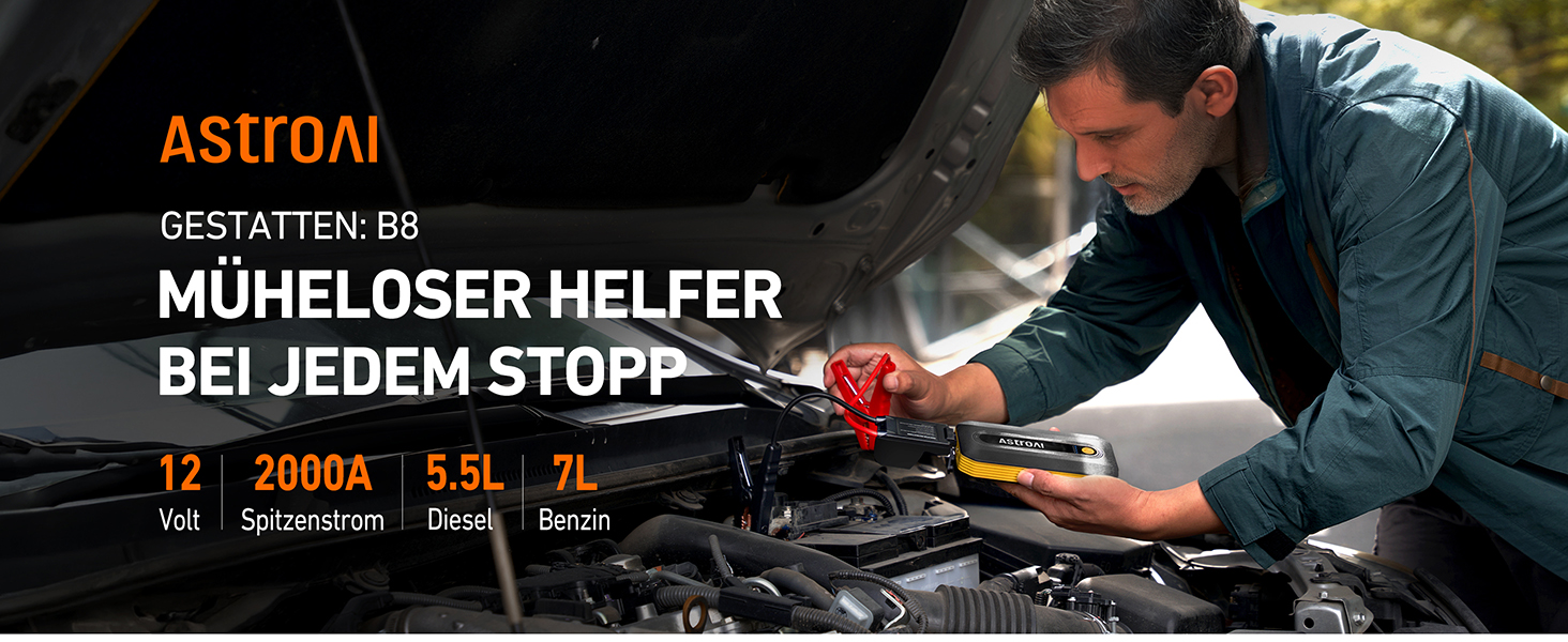 Powerbank Starthilfe AstroAI B8 для автомобілів: Jump Starter 12V, QC 3.0 USB, LED, для бензину/дизеля (7.0L/5.5L)