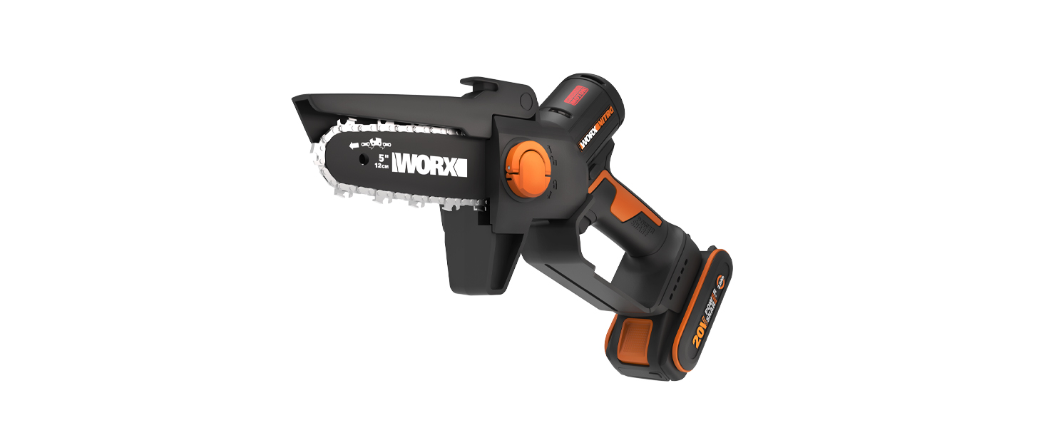 WORX WG325E Nitro Mini акумуляторна бензопила 20V, одноручна пила для гілок, Brushless двигун, 5650 об/хв, довжина різу 12 см, легка та компактна, автоматичне змащення ланцюга (з акумулятором 2Ah та зарядним пристроєм)