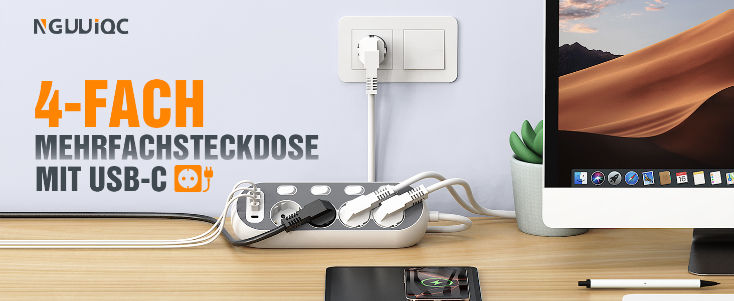 Мережевий фільтр з USB, індивідуальне вмикання розеток, 4 розетки, 2 USB-C, 8 в 1 з вимикачем, адаптер з кабелем 1,5м для кухні, дому, офісу