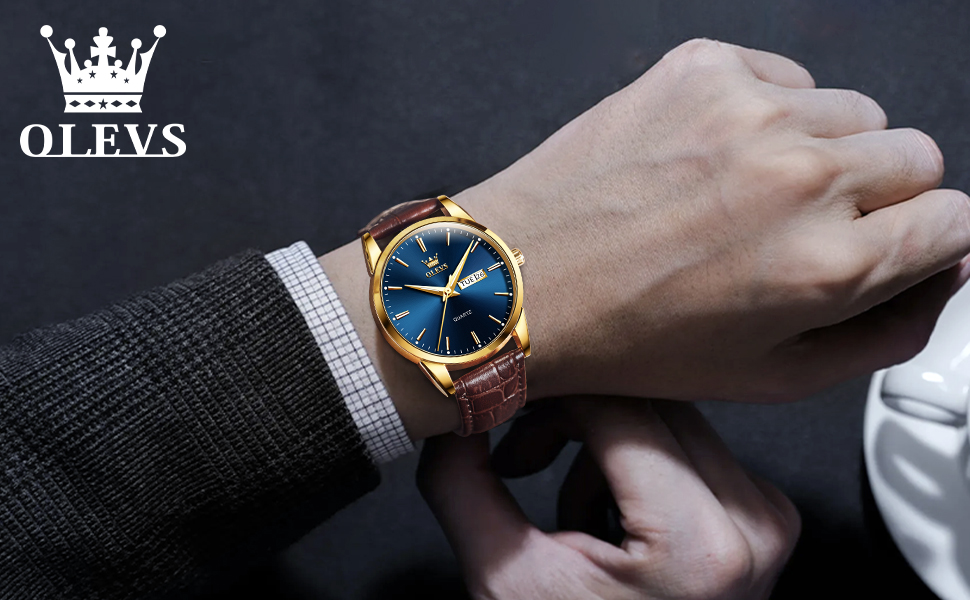 Чоловічий годинник OLEVS з нержавіючої сталі, кварцовий аналоговий годинник, класичний діловий годинник, водостійкий, з підсвічуванням, з датою, на шкіряному ремінці (C2-блакитний циферблат/коричневий ремінь)