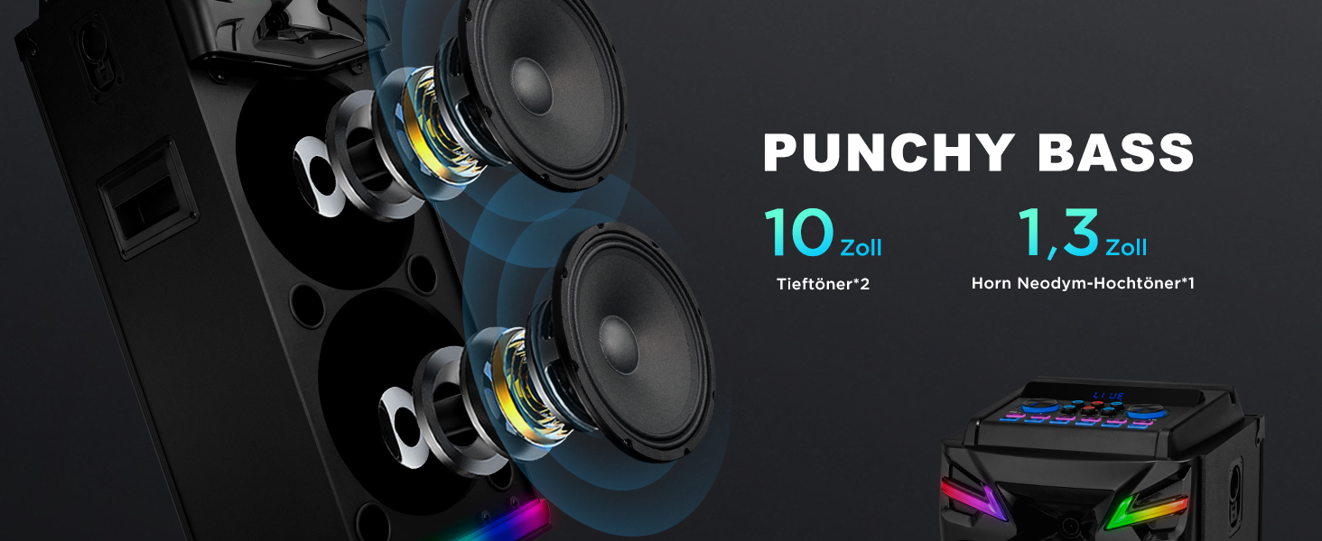 Bluetooth Караоке Машина DSP з 2 Мікрофонами та 2 × 10” Динаміками, Портативна PA-система для Дорослих та Дітей, USB-C Запис, Ефекти DJ, FM, Підтримка TV/Проектора GTSK210-1