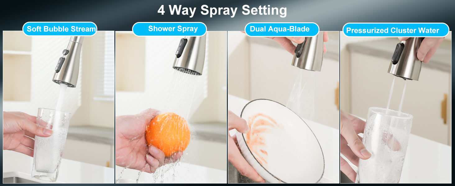 Змішувач кухонний висувний з високим напором, 360° обертання, 4 режими, нержавіюча сталь, ABS-розпилювач, для одного отвору, G3/8 з'єднання (тільки для ЄС)