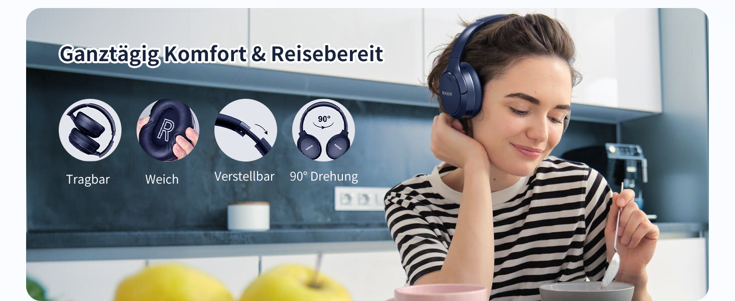 RUNOLIM Бездротові навушники Over-Ear з активним шумозаглушенням, Bluetooth, 70 годин роботи, Hi-Res Audio, глибокий бас, 3.5mm аудіокабель (Блакитні)