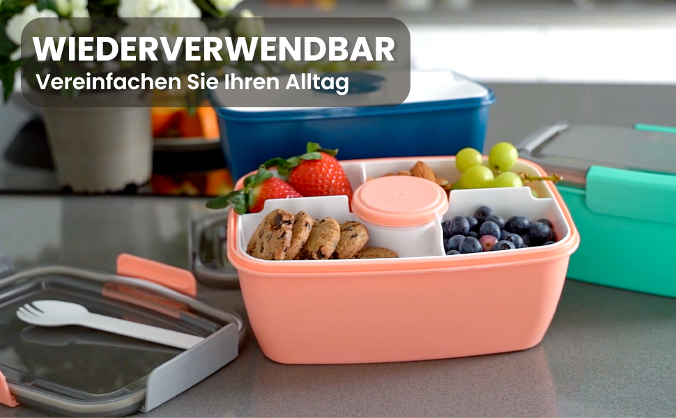 Ланчбокс Bugucat 2000 мл, чорний: герметичний, з відділеннями, для дорослих та дітей, з виделкою, для школи та пікніків