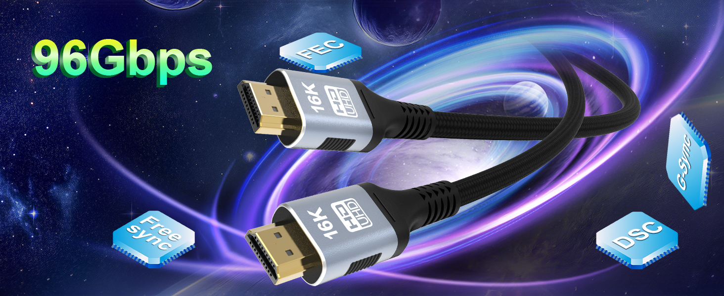 Кабель HDMI 2.2, 2 метри, 96Gbps, 16K/12K/10K/8K/4K@120Hz/240Hz/480Hz, eARC, HDR10+, Dolby Atmos/Vision, HDCP 2.2, для PS5, Xbox, Soundbar, Fire TV, HDTV