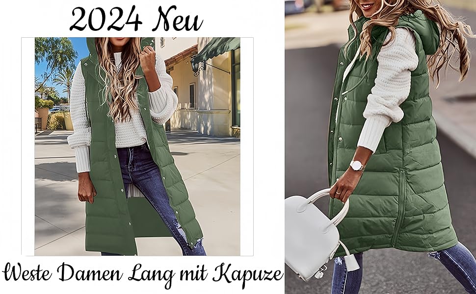 Жіноча стьобана жилетка Longweste з капюшоном, тепла зимова жилетка, м'який верх, зелений колір