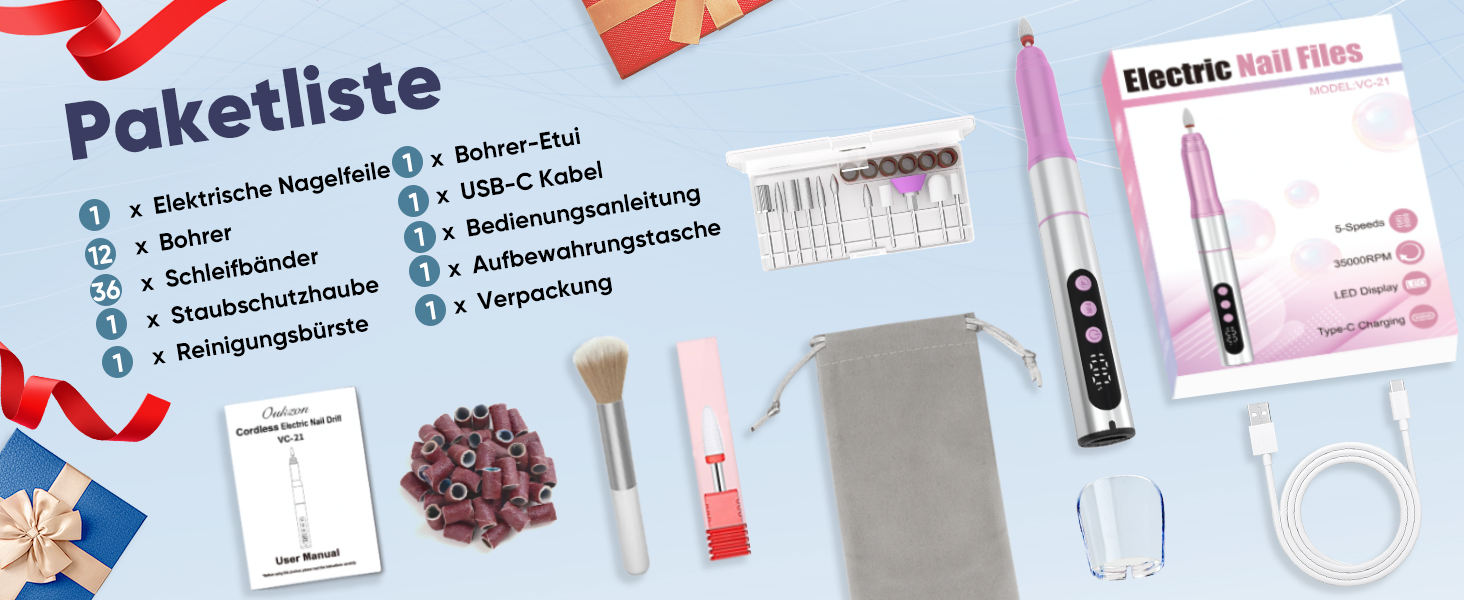 Електричний набір для манікюру Nagelfräser: 13 насадок, 5 швидкостей, 35000 обертів/хв, для гелю та акрилу