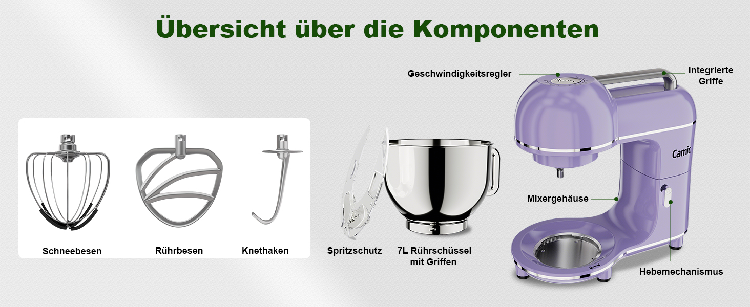 Кухонна машина Camic 2000W: планетарний міксер з чашею з нержавіючої сталі 7л, 10 швидкостями, набором насадок та захистом від бризок, світло-фіолетова