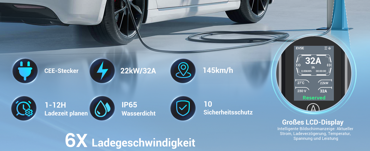 Портативний зарядний пристрій для електромобілів 22 кВт (7м) з LCD-дисплеєм, IP65, Schuko, 16A, для електромобілів та PHEV