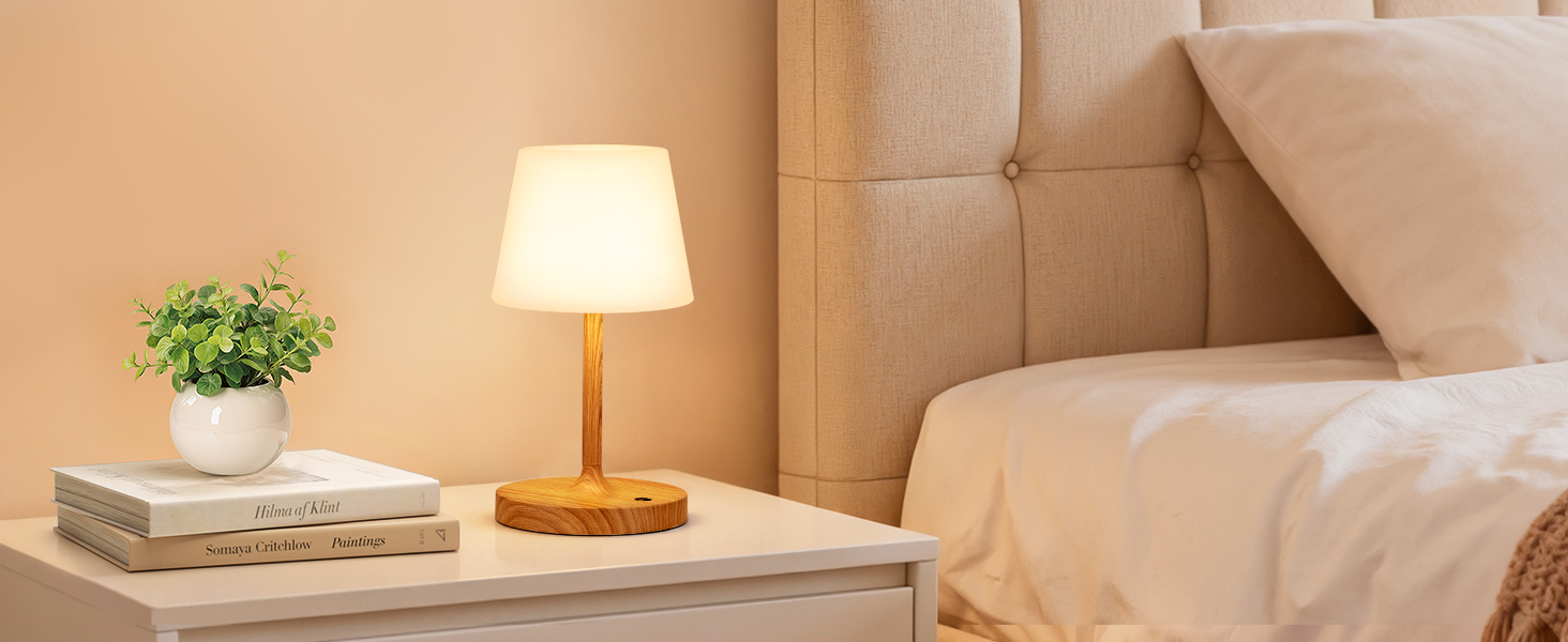 Світлодіодна настільна лампа бездротова з сенсорним керуванням, акумуляторна, з регулюванням яскравості та функцією пам'яті для спальні, кафе, вулиці, з імітацією текстури дерева