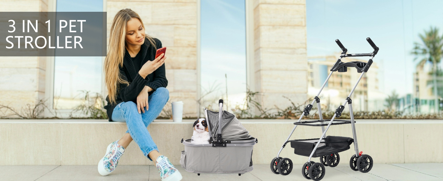 Візок для собак Siairo 3-в-1, сірий. Будка для собак середніх порід до 20 кг, переноска, автокрісло, відділення для їжі