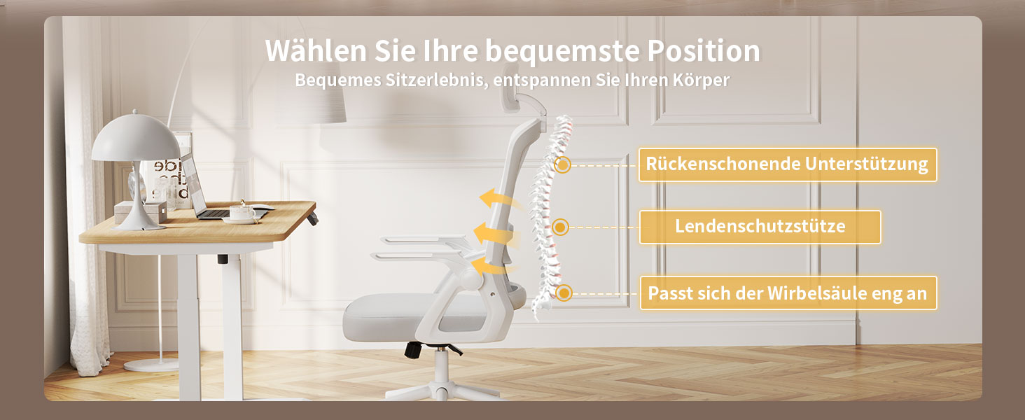 Офісний крісло Naspiro Ergonomic, регульована висота, поворотне, з дихаючою спинкою з сітки, відкидні підлокітники на 90°, підтримка попереку, щільна піна, для дому/офісу (Сірий-1, з підголовником)