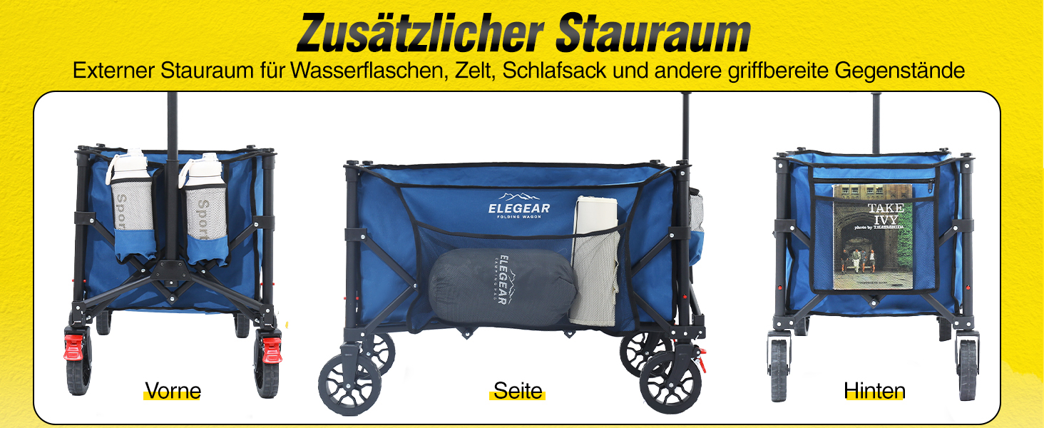 Універсальний складаний візок Elegear Bollerwagen 150L для пляжу, саду, кемпінгу, синій - вантажопідйомність 150 кг, 2 тримачі для напоїв, бічні кишені, гальма
