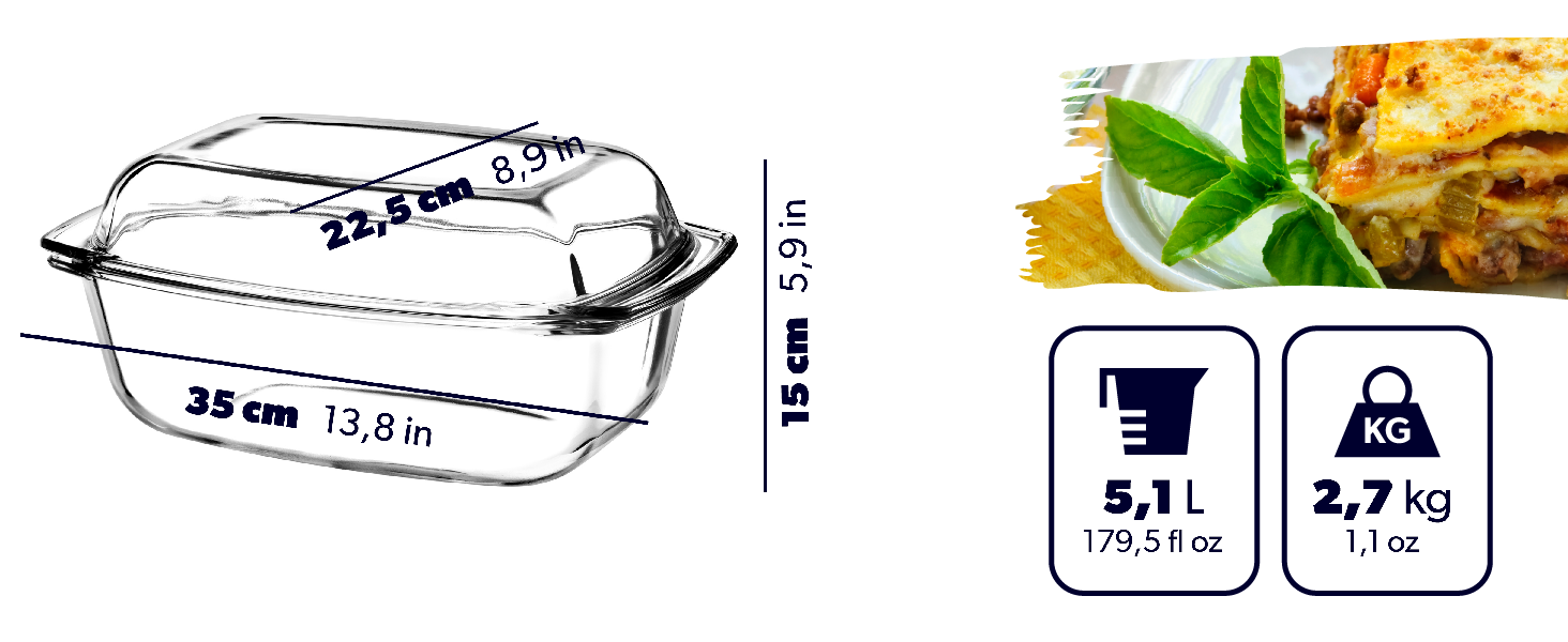 Форма для запікання KADAX з кришкою та ручками, 5.1 л, прямокутна скляна форма для запікання, для м'яса, лазаньї, 5.1 л