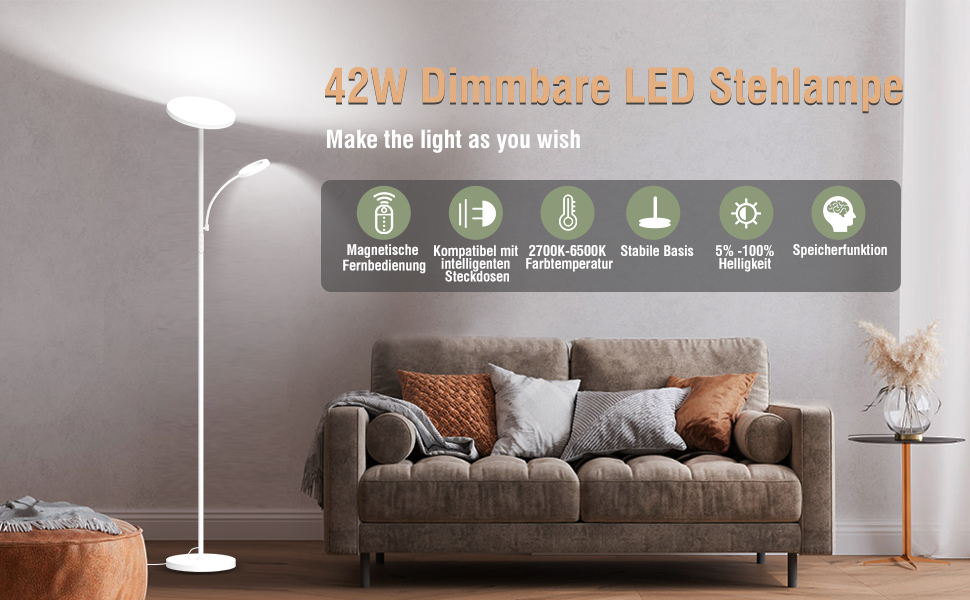 Стельова LED-лампа Stehlampe для вітальні, 4200LM, з регулюванням яскравості та пультом керування, сучасний дизайн, 42W, білий колір