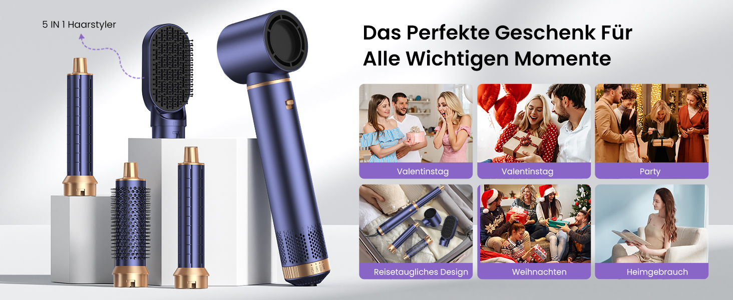 Фен-щітка 5 в 1 Airstyler Pro 1000W з регулюванням напрямку повітря, іонізація, для створення об'єму, локонів та укладання волосся, Blaugold