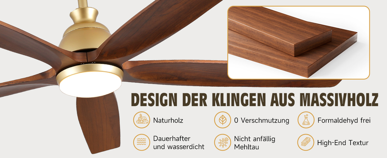 Дзеркальний вентилятор для стелі з дерева, без освітлення, з пультом керування, тихий, для вологого приміщення, 132 см (52 дюйми), коричневий, 5 лопатей