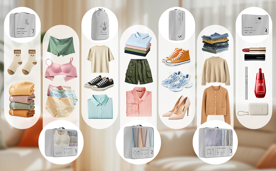 Органайзер для валізи Yomisee, Набір з 7 частин, Packwürfel Set, Органайзери для одягу в подорож, Сірий