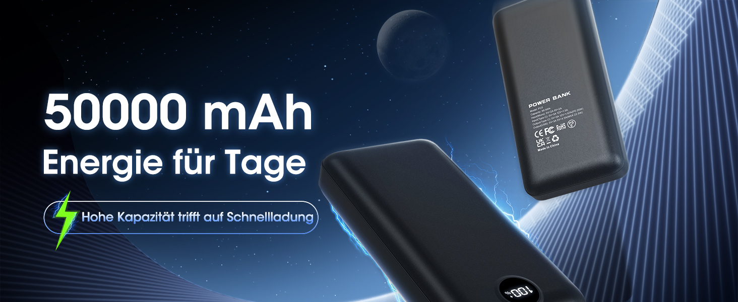 Power Bank 50000mAh з 3 кабелями, швидка зарядка 22.5W, USB-C, LED дисплей, сумісний з iPhone, iPad, Android - Чорний