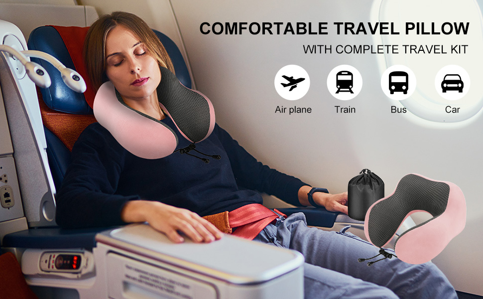 Подушка для шиї Eono з піною Memory Foam, ергономічна, для подорожей, з маскою для сну та навушниками, рожева