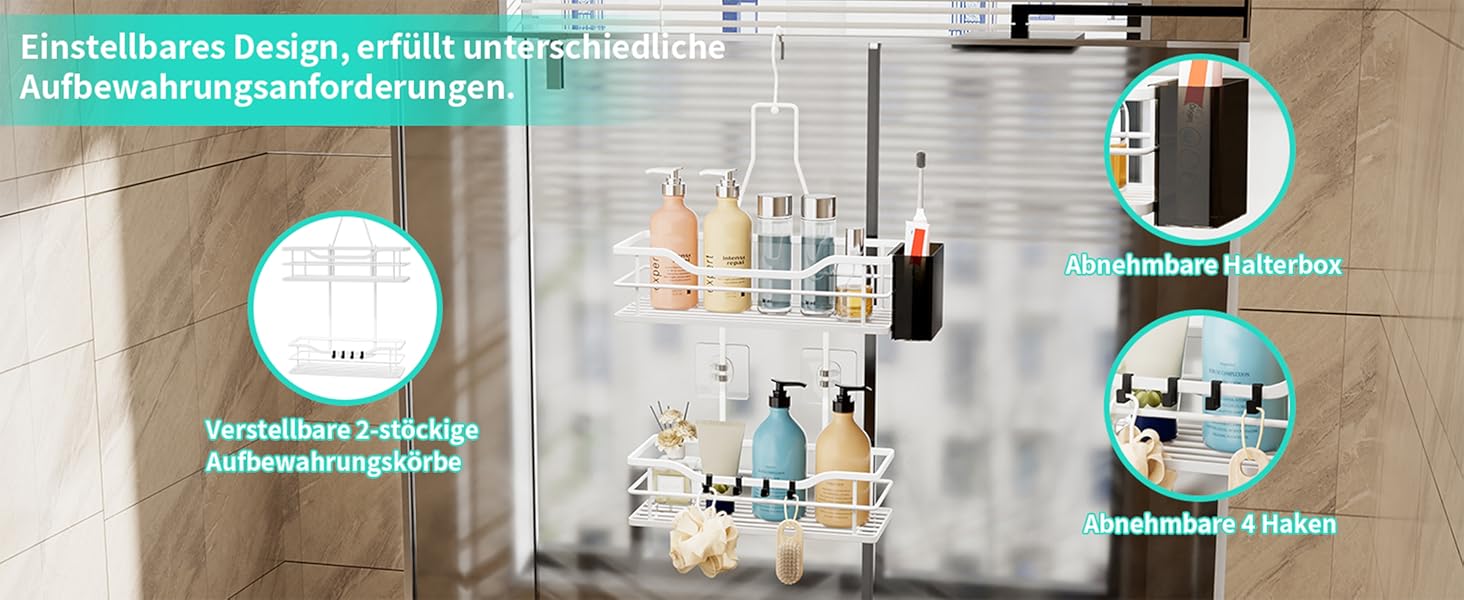 Настінна поличка для душу HapiRm з 4 гачками - органайзер для шампуню та засобів для душу, білий