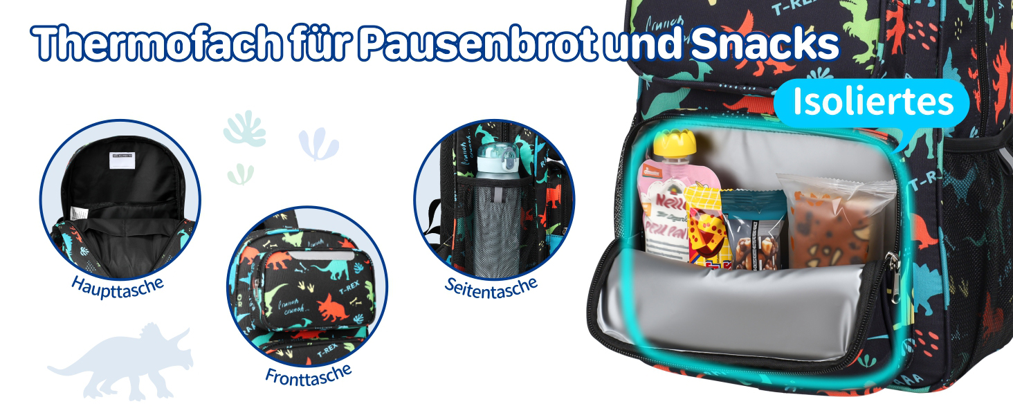 Дитячий рюкзак Bagseri для дівчаток 15L, легкий рюкзак для школи, дитячий сад та 1-2 класи, з нагрудним ременем та ізотермічним відділенням, формат DIN A4, з світловідбиваючими елементами (чорний динозавр)