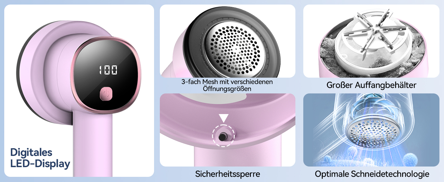 Електричний видалення ворсу з LED-дисплеєм - 6 лез з нержавіючої сталі, 3 швидкості, USB-зарядка. Підходить для одягу, светрів, ворсу на диванах та постільній білизні (білий, рожевий)