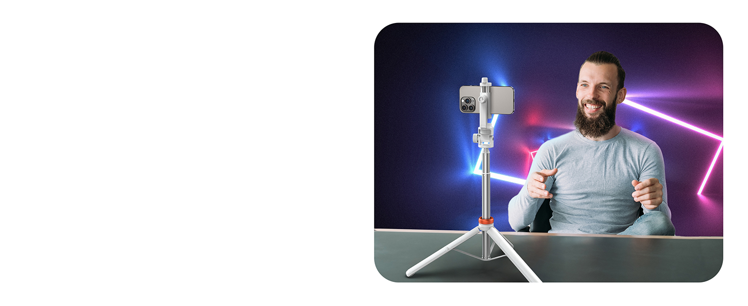 Штатив для смартфона та селфі-стика з пульт дистанційного керування, 158 см, міцна конструкція, регульований, для iPhone/Android (Мінеральний білий)