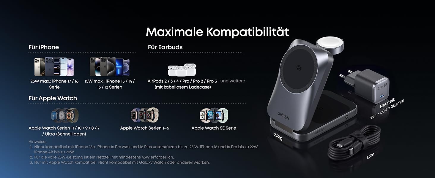 Зарядна станція Anker Prime 3-in-1 Qi2 25W з системою охолодження AirCool, бездротовий зарядний пристрій, чорний