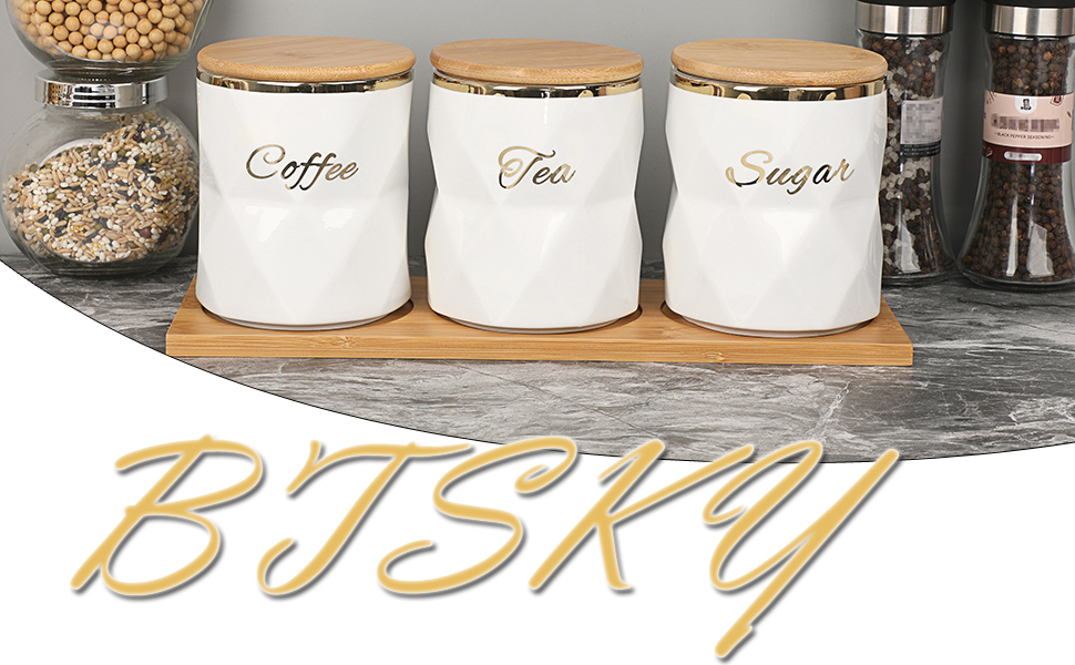 Керамічні банки BTSKY для цукру, кави та чаю з бамбуковою кришкою і підносом, герметичний набір з 3-х контейнерів для зберігання на кухонну стільницю