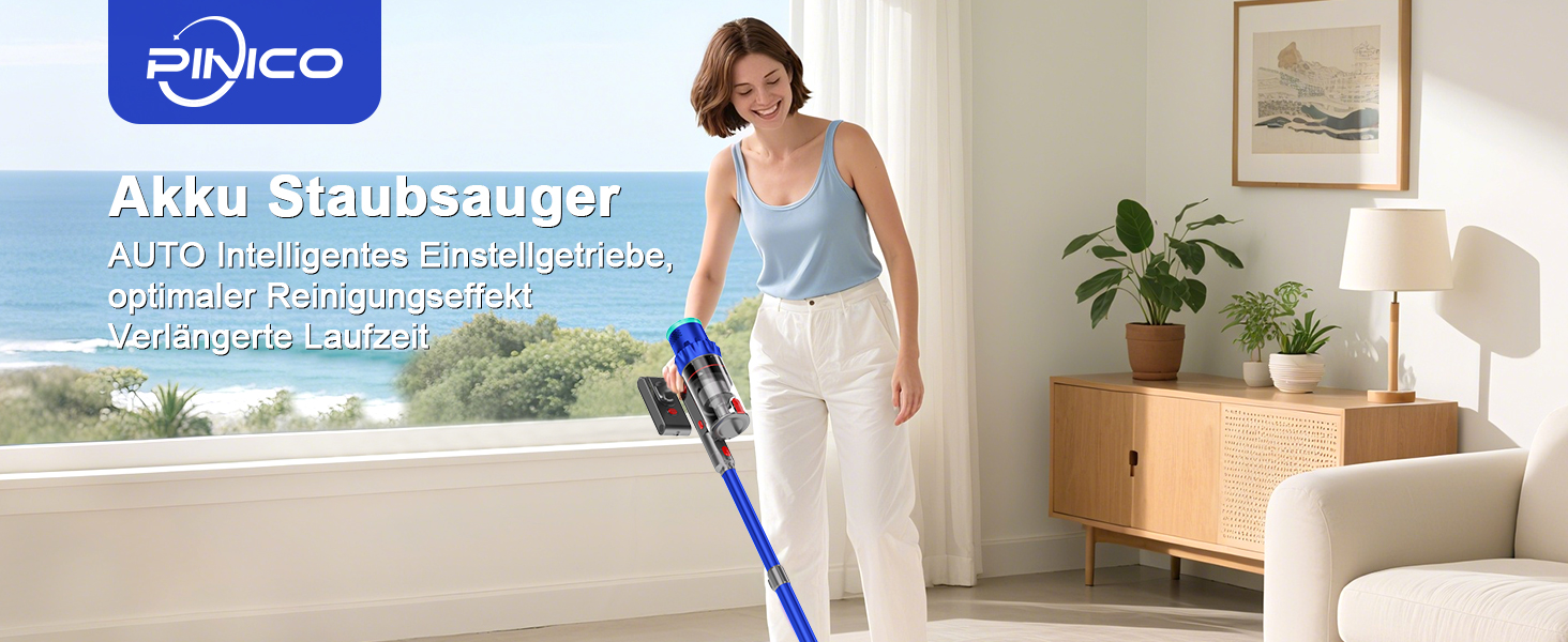 PINICO Бездротовий акумуляторний пилосос 550W з автоматичним режимом та щіткою Anti-Tangle, для твердих підлог, килимів та шерсті тварин (Blue+grey)