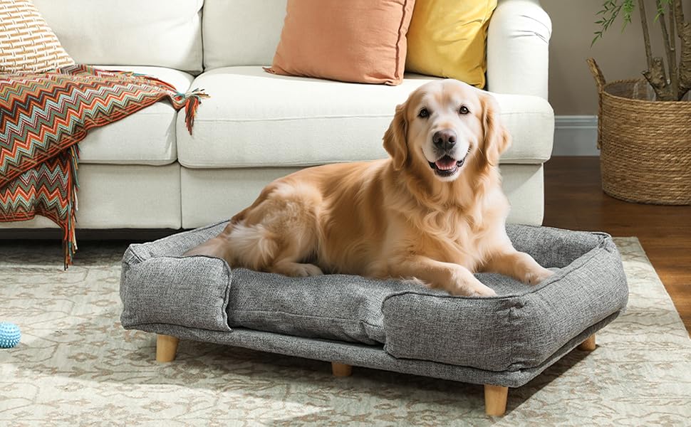 Диван-ліжко для собак PawHut з підлокотником, на дерев'яних ніжках, 96 x 66 x 24 см, темно-сірий