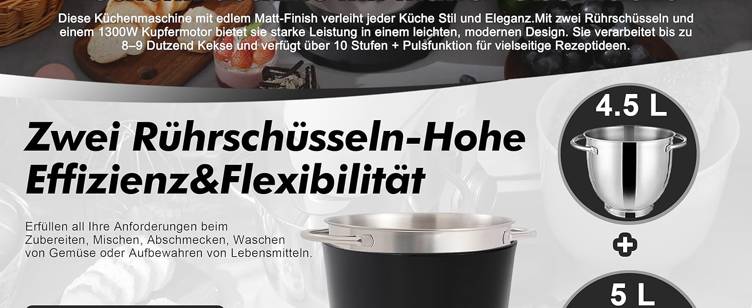 Кухонний комбайн Kitchen in the box, планетарний міксер з чашами 4,5 л та 5 л, 1300 Вт, 10+ швидкостей, з насадками (гак, міксер, вінчик), чорний
