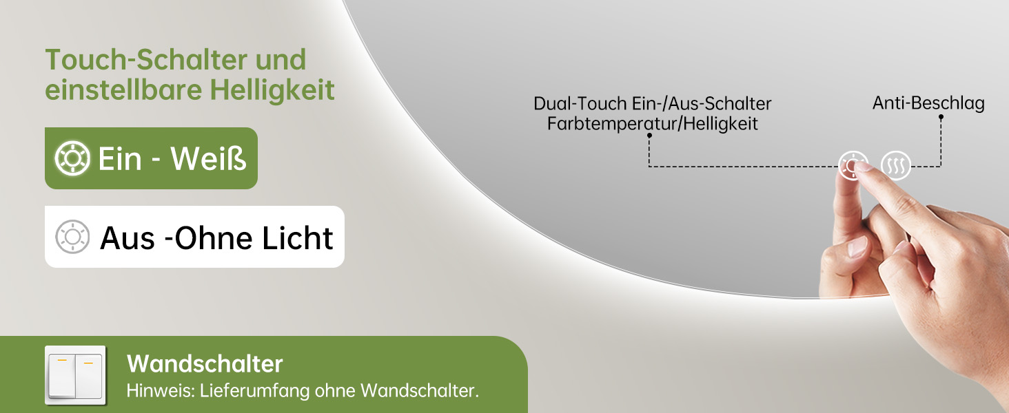 Дзеркало для ванної кімнати з підсвічуванням, арочне, без рами, 50x75 см. Антизапарник, сенсорне управління, регулювання яскравості, 3 кольори світла