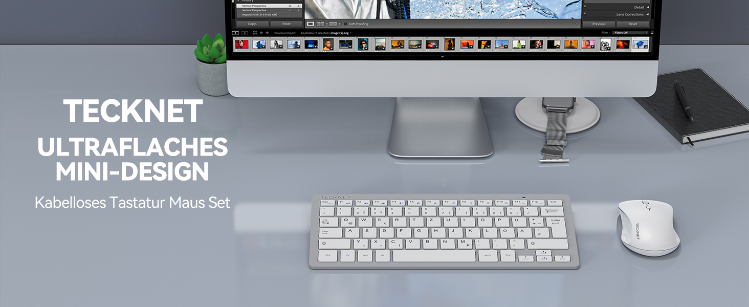 Бездротова клавіатура та миша TECKNET QWERTZ, 2.4 GHz, 15м, тиха, для ПК, ноутбука, Smart TV, білий/сріблястий