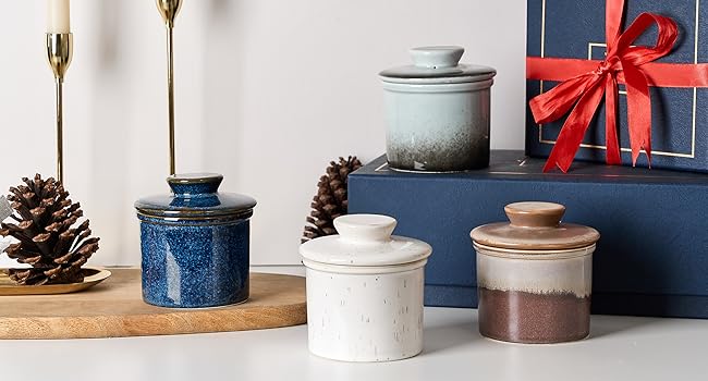 Керамічна маслянка з кришкою HOME DECOR, французька маслянка для свіжого та м'якого масла, реактивна глазур синя