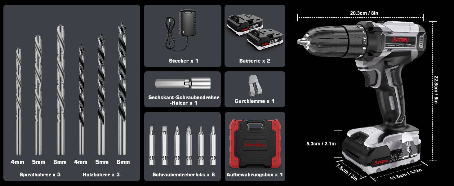 Акумуляторний шуруповерт Sundpey Set: 2 акумулятори 2.0Ah, 21V, 1500 об/хв, 45Nm, 18+1 режим, LED, 10мм патрон - для ремонту та DIY
