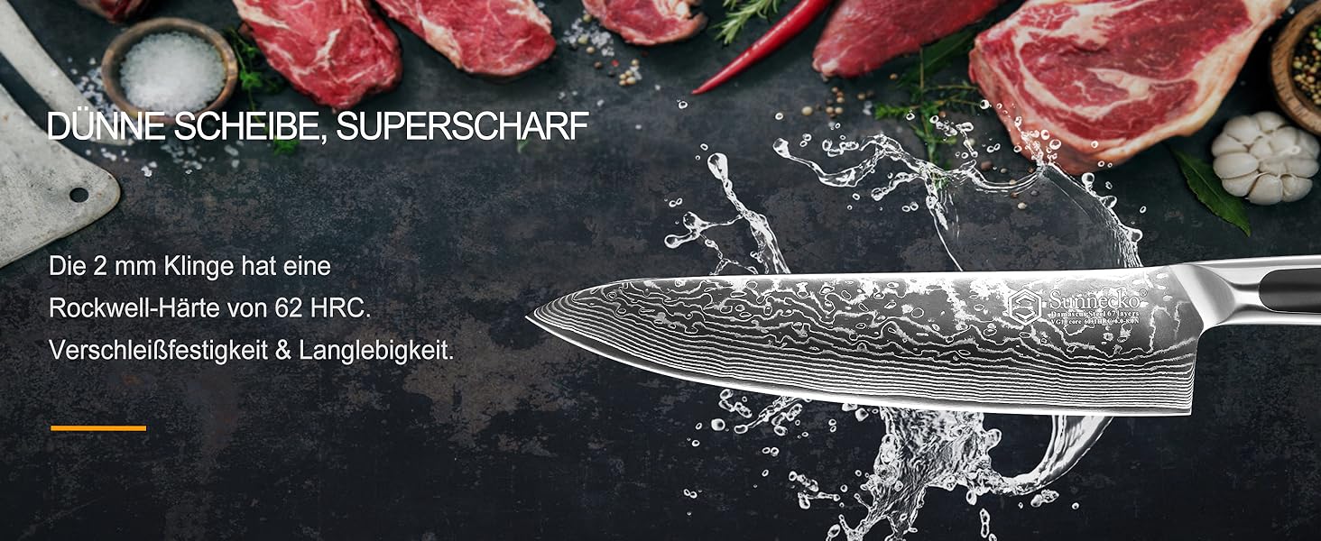 Ніж кухарський Sunnecko Damast 20см, 8 дюймів. Ніж з дамаської сталі з ергономічною ручкою для кухні. Fleischmesser для нарізки м'яса.