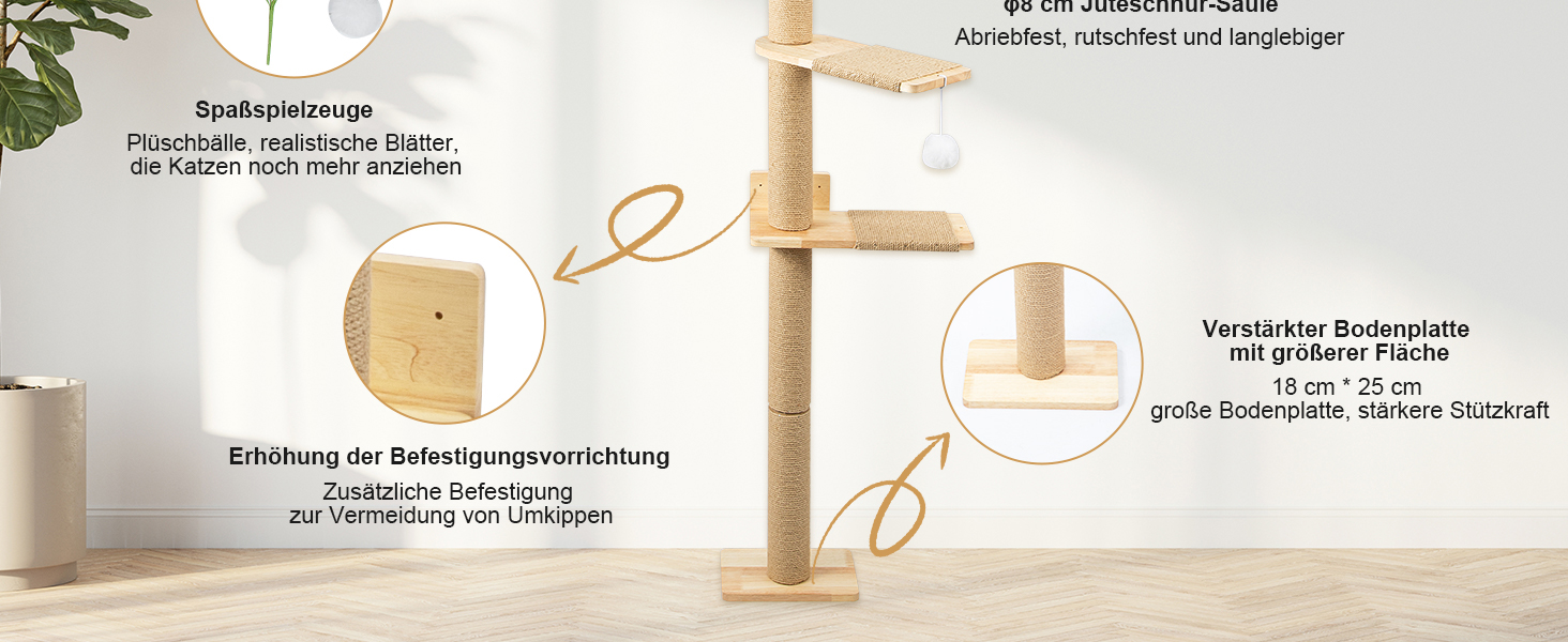 Кігтеточка-стійка для котів 206 см з натурального каучукового дерева, 5 ярусів, настінна, з широкою основою, плюшевими кульками, 360° обертання, XXL кігтеточка для котів для лазіння та дряпання