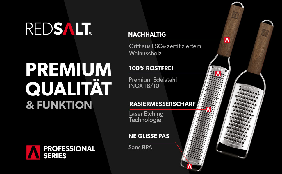 Преміум набір терок REDSALT з нержавіючої сталі з ручкою з волоського горіха — універсальна кухонна терка для лимона, імбиру, моркви, сиру, пармезану, професійний кухонний зестер та джулієн