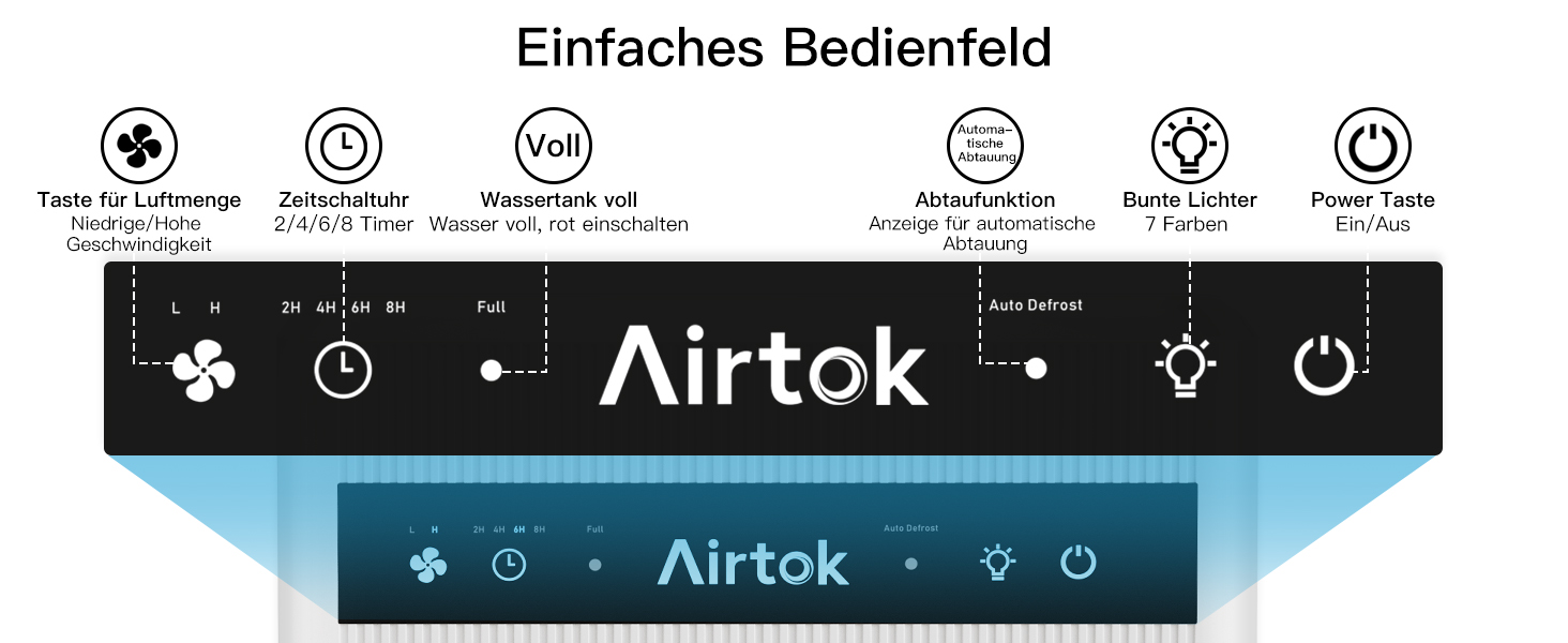 Електричний осушувач повітря Airtok 3000 мл, 35 м² для спальні, підвалу, з таймером, авторозморожуванням, 7 кольорів підсвічування