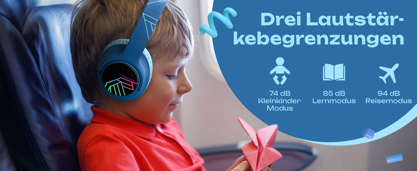 Дитячі навушники PowerLocus Bobo Bluetooth з обмеженням гучності, LED-підсвічуванням, складні, з мікрофоном для телефону/планшета/подорожей (блакитний/чорний)