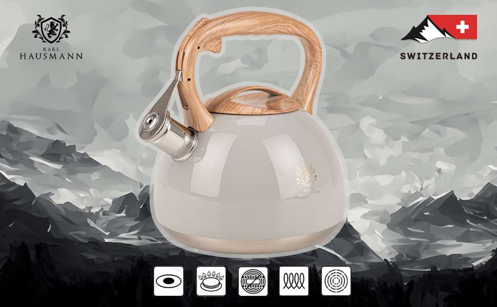 Електричний чайник Karl Hausmann 3L з автоматичним свистком, з нержавіючої сталі для Induktion, Gas та Electric плит