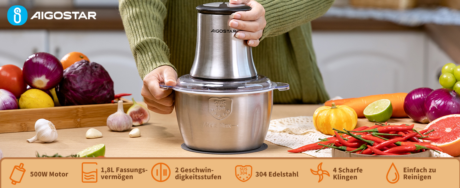 Електричний подрібнювач Aigostar Flor 500W з нержавіючою чашею 1.8L та 4-ма лезами, 2 швидкості для м'яса, овочів та горіхів