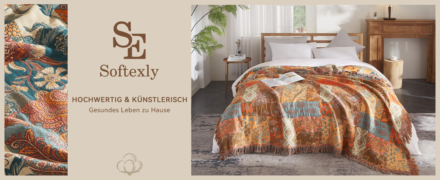 Богемна ковдра Boho Decke 100% бавовна – двостороння муслінова ковдра 150x200 см, м'яка ковдра для дивану та покривало на ліжко, естетичний дизайн, ідеально для вітальні та спальні, помаранчевий/зелений 150 x 200 см з квітковим візерунком